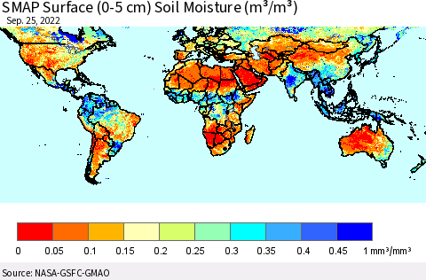 World SMAP Surface (0-5 cm) Soil Moisture (m³/m³) Thematic Map For 9/21/2022 - 9/25/2022