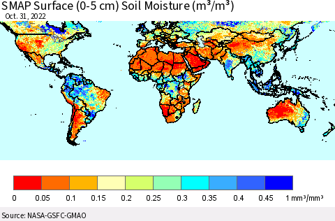 World SMAP Surface (0-5 cm) Soil Moisture (m³/m³) Thematic Map For 10/26/2022 - 10/31/2022