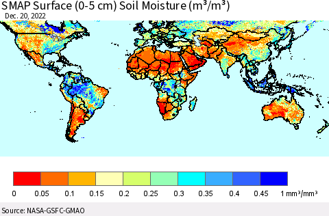 World SMAP Surface (0-5 cm) Soil Moisture (m³/m³) Thematic Map For 12/16/2022 - 12/20/2022