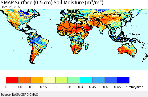 World SMAP Surface (0-5 cm) Soil Moisture (m³/m³) Thematic Map For 12/21/2022 - 12/25/2022
