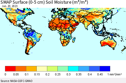 World SMAP Surface (0-5 cm) Soil Moisture (m³/m³) Thematic Map For 1/16/2023 - 1/20/2023