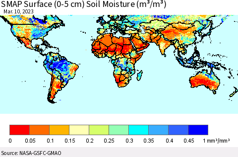 World SMAP Surface (0-5 cm) Soil Moisture (m³/m³) Thematic Map For 3/6/2023 - 3/10/2023