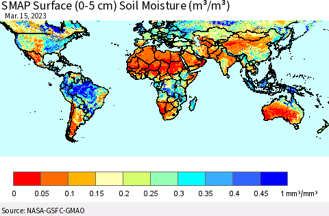 World SMAP Surface (0-5 cm) Soil Moisture (m³/m³) Thematic Map For 3/11/2023 - 3/15/2023