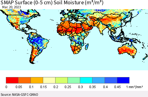 World SMAP Surface (0-5 cm) Soil Moisture (m³/m³) Thematic Map For 3/16/2023 - 3/20/2023