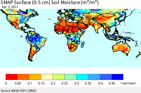 World SMAP Surface (0-5 cm) Soil Moisture (m³/m³) Thematic Map For 4/1/2023 - 4/5/2023