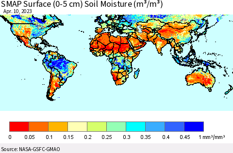 World SMAP Surface (0-5 cm) Soil Moisture (m³/m³) Thematic Map For 4/6/2023 - 4/10/2023