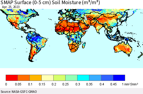 World SMAP Surface (0-5 cm) Soil Moisture (m³/m³) Thematic Map For 4/21/2023 - 4/25/2023
