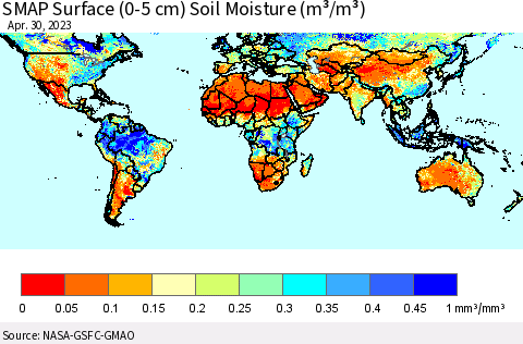 World SMAP Surface (0-5 cm) Soil Moisture (m³/m³) Thematic Map For 4/26/2023 - 4/30/2023