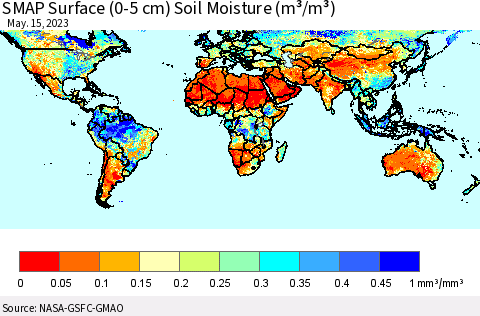World SMAP Surface (0-5 cm) Soil Moisture (m³/m³) Thematic Map For 5/11/2023 - 5/15/2023