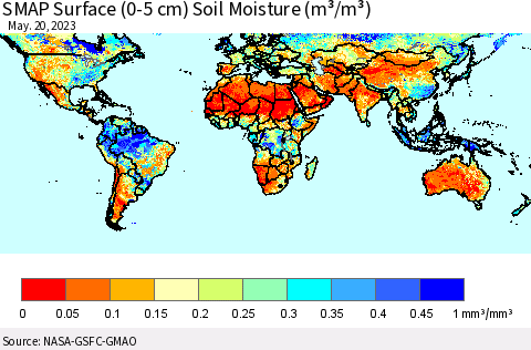 World SMAP Surface (0-5 cm) Soil Moisture (m³/m³) Thematic Map For 5/16/2023 - 5/20/2023