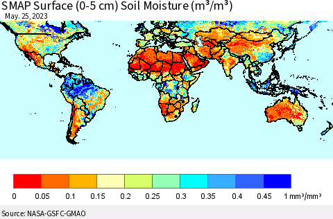 World SMAP Surface (0-5 cm) Soil Moisture (m³/m³) Thematic Map For 5/21/2023 - 5/25/2023