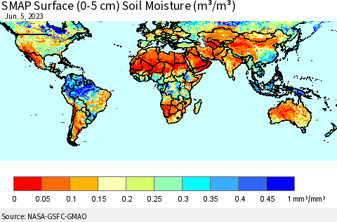 World SMAP Surface (0-5 cm) Soil Moisture (m³/m³) Thematic Map For 6/1/2023 - 6/5/2023