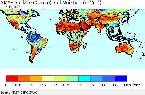 World SMAP Surface (0-5 cm) Soil Moisture (m³/m³) Thematic Map For 6/11/2023 - 6/15/2023