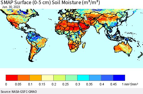 World SMAP Surface (0-5 cm) Soil Moisture (m³/m³) Thematic Map For 6/26/2023 - 6/30/2023