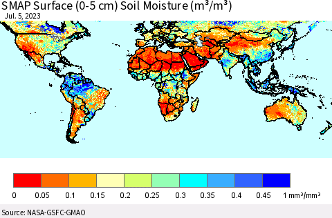 World SMAP Surface (0-5 cm) Soil Moisture (m³/m³) Thematic Map For 7/1/2023 - 7/5/2023