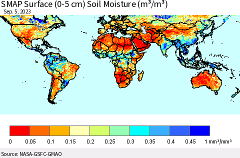 World SMAP Surface (0-5 cm) Soil Moisture (m³/m³) Thematic Map For 9/1/2023 - 9/5/2023