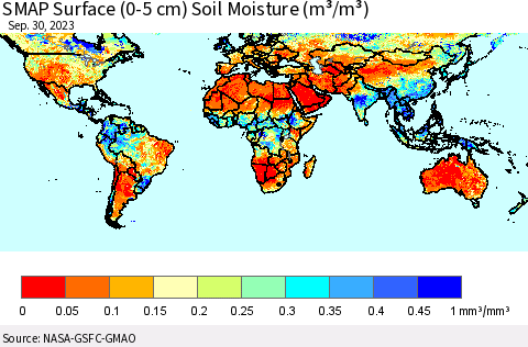 World SMAP Surface (0-5 cm) Soil Moisture (m³/m³) Thematic Map For 9/26/2023 - 9/30/2023