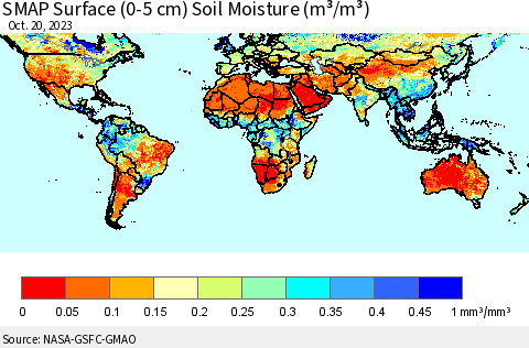 World SMAP Surface (0-5 cm) Soil Moisture (m³/m³) Thematic Map For 10/16/2023 - 10/20/2023