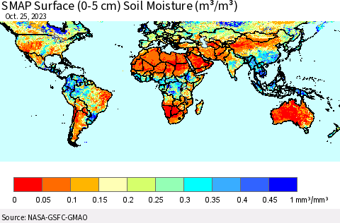 World SMAP Surface (0-5 cm) Soil Moisture (m³/m³) Thematic Map For 10/21/2023 - 10/25/2023