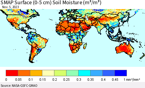 World SMAP Surface (0-5 cm) Soil Moisture (m³/m³) Thematic Map For 11/1/2023 - 11/5/2023