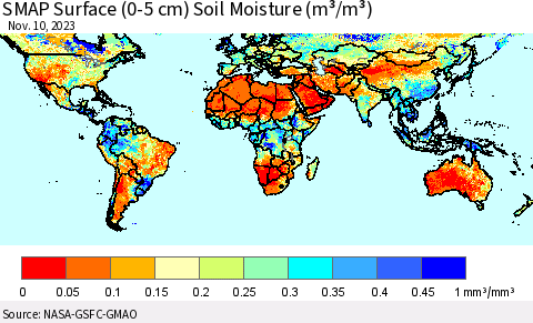 World SMAP Surface (0-5 cm) Soil Moisture (m³/m³) Thematic Map For 11/6/2023 - 11/10/2023
