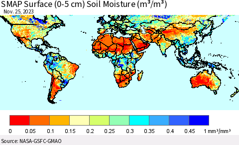 World SMAP Surface (0-5 cm) Soil Moisture (m³/m³) Thematic Map For 11/21/2023 - 11/25/2023
