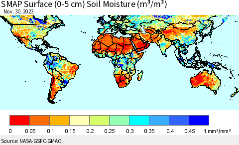 World SMAP Surface (0-5 cm) Soil Moisture (m³/m³) Thematic Map For 11/26/2023 - 11/30/2023