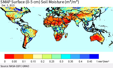 World SMAP Surface (0-5 cm) Soil Moisture (m³/m³) Thematic Map For 12/1/2023 - 12/5/2023