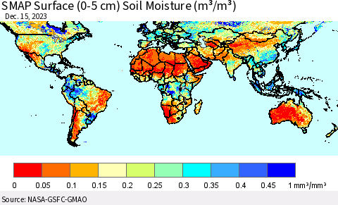 World SMAP Surface (0-5 cm) Soil Moisture (m³/m³) Thematic Map For 12/11/2023 - 12/15/2023
