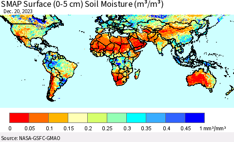 World SMAP Surface (0-5 cm) Soil Moisture (m³/m³) Thematic Map For 12/16/2023 - 12/20/2023