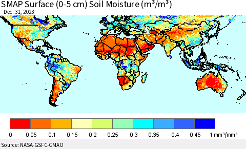 World SMAP Surface (0-5 cm) Soil Moisture (m³/m³) Thematic Map For 12/26/2023 - 12/31/2023