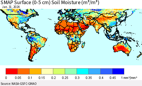 World SMAP Surface (0-5 cm) Soil Moisture (m³/m³) Thematic Map For 1/26/2024 - 1/31/2024