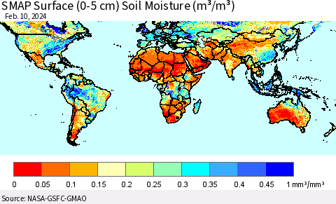 World SMAP Surface (0-5 cm) Soil Moisture (m³/m³) Thematic Map For 2/6/2024 - 2/10/2024