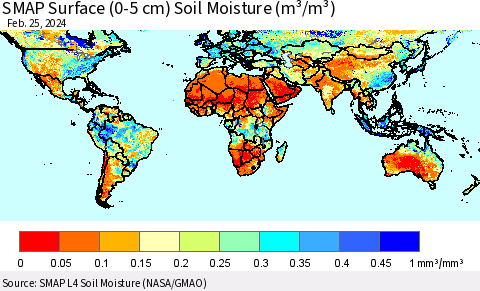 World SMAP Surface (0-5 cm) Soil Moisture (m³/m³) Thematic Map For 2/21/2024 - 2/25/2024