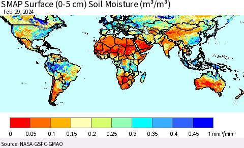 World SMAP Surface (0-5 cm) Soil Moisture (m³/m³) Thematic Map For 2/26/2024 - 2/29/2024