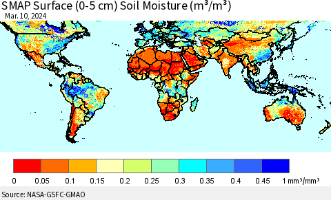 World SMAP Surface (0-5 cm) Soil Moisture (m³/m³) Thematic Map For 3/6/2024 - 3/10/2024