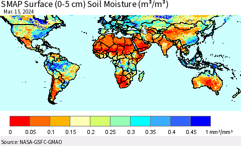 World SMAP Surface (0-5 cm) Soil Moisture (m³/m³) Thematic Map For 3/11/2024 - 3/15/2024
