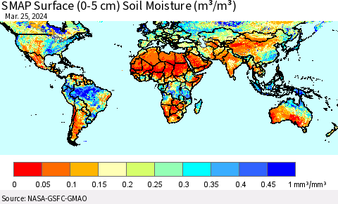 World SMAP Surface (0-5 cm) Soil Moisture (m³/m³) Thematic Map For 3/21/2024 - 3/25/2024