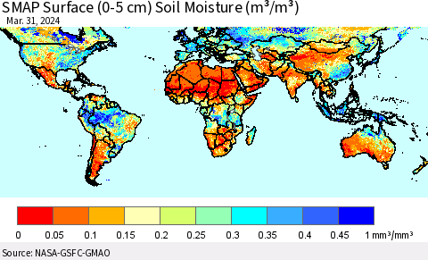 World SMAP Surface (0-5 cm) Soil Moisture (m³/m³) Thematic Map For 3/26/2024 - 3/31/2024