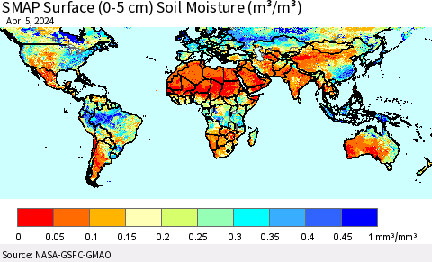 World SMAP Surface (0-5 cm) Soil Moisture (m³/m³) Thematic Map For 4/1/2024 - 4/5/2024