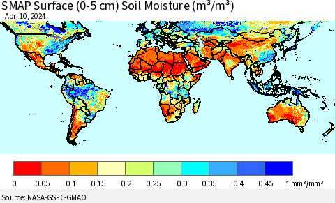 World SMAP Surface (0-5 cm) Soil Moisture (m³/m³) Thematic Map For 4/6/2024 - 4/10/2024