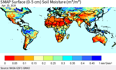 World SMAP Surface (0-5 cm) Soil Moisture (m³/m³) Thematic Map For 4/16/2024 - 4/20/2024