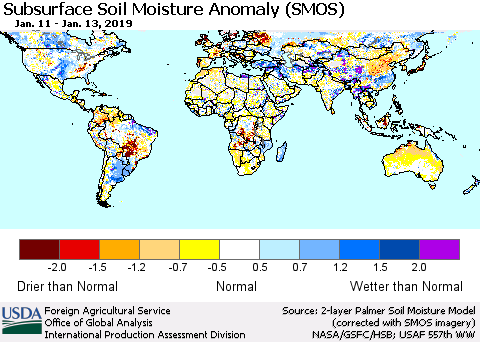 World Subsurface Soil Moisture Anomaly (SMOS) Thematic Map For 1/7/2019 - 1/13/2019
