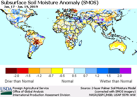 World Subsurface Soil Moisture Anomaly (SMOS) Thematic Map For 1/14/2019 - 1/20/2019