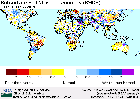 World Subsurface Soil Moisture Anomaly (SMOS) Thematic Map For 1/28/2019 - 2/3/2019
