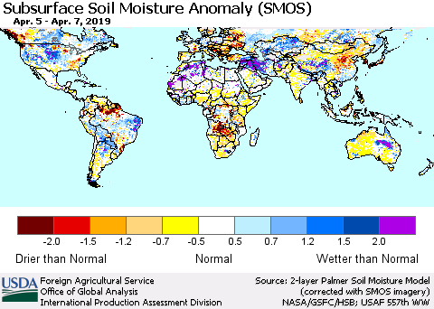World Subsurface Soil Moisture Anomaly (SMOS) Thematic Map For 4/1/2019 - 4/7/2019