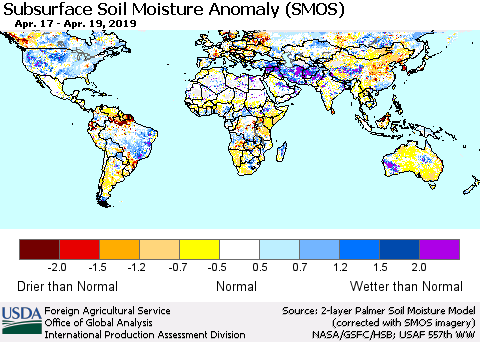World Subsurface Soil Moisture Anomaly (SMOS) Thematic Map For 4/15/2019 - 4/21/2019