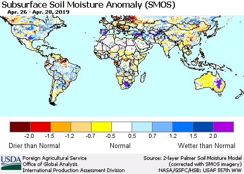 World Subsurface Soil Moisture Anomaly (SMOS) Thematic Map For 4/22/2019 - 4/28/2019