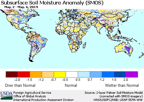 World Subsurface Soil Moisture Anomaly (SMOS) Thematic Map For 4/29/2019 - 5/5/2019
