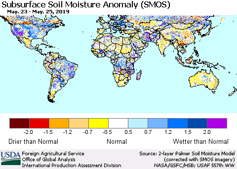 World Subsurface Soil Moisture Anomaly (SMOS) Thematic Map For 5/20/2019 - 5/26/2019
